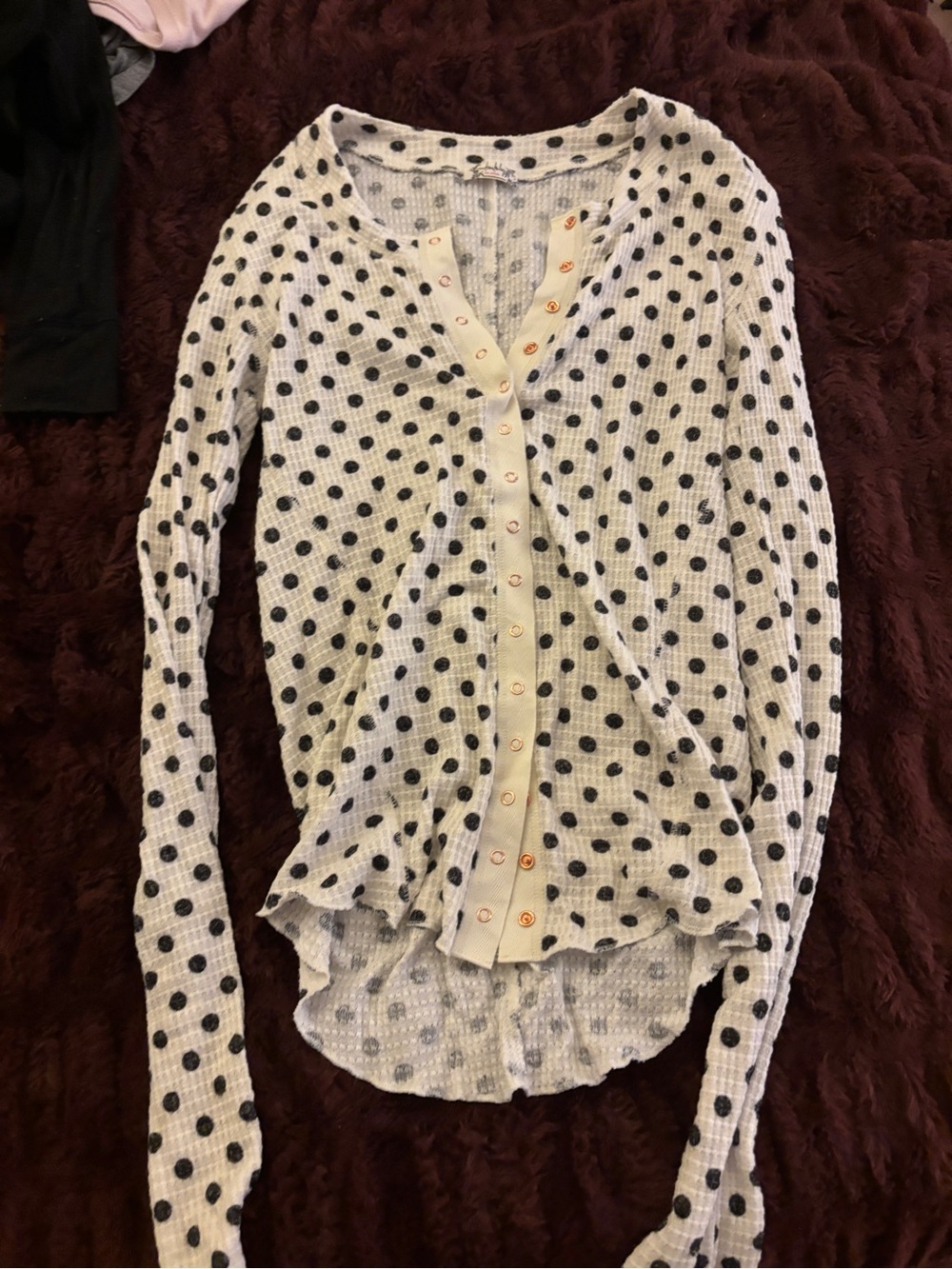 Polka Dot Button-Up Thermal Top in Cream and Black